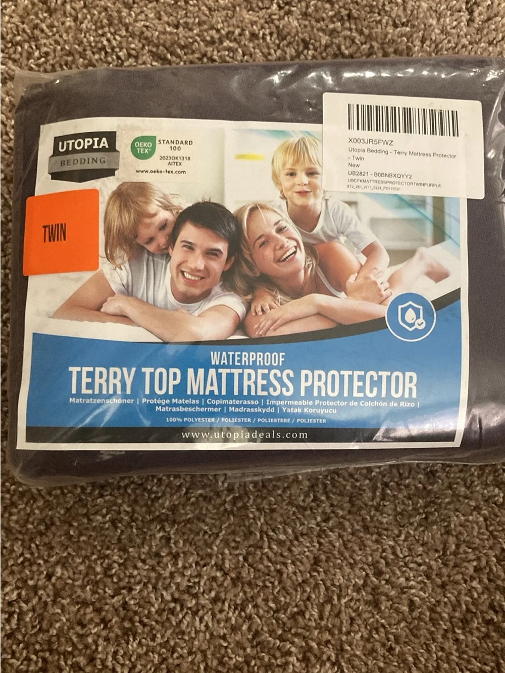 2 NEW-in-pkg. Utopia TWIN Terry Top Waterproof Mattress Protectors, Tan & Purple